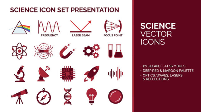 Science vector icons in a deep red and maroon palette provide a cohesive visual language for laboratory equipment, optical phenomena, and technological research tools in flat design styles.