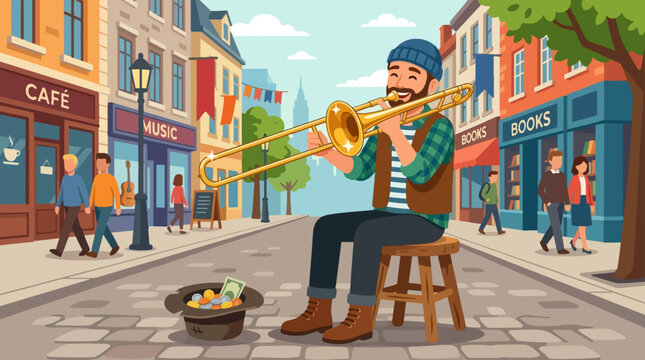 2D Flat Vector Street musician playing trombone for money on a city sidewalk