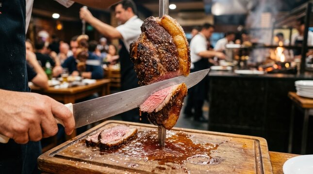 A close-up of picanha being sliced directly from the skewer, the knife cutting thin, juicy slices. The meat is perfectly cooked, the fat cap is golden and crisp.