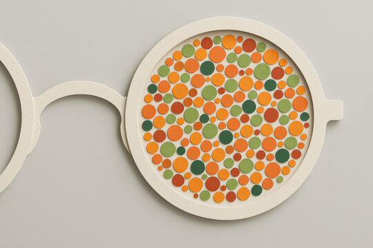 Colorful dot pattern filling round eyeglass lens frame, color blindness test design on grey background