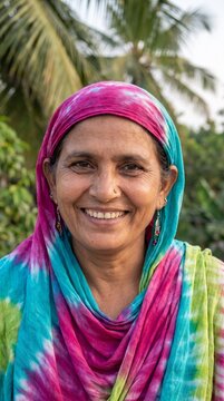 A mature woman with a warm smile wears a vibrant tie dye headscarf while standing outdoors in a soft natural light during a beautiful sunny day