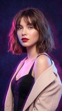 Elegant young woman with wavy hair posing in a chic black corset top and beige blazer against a vibrant neon lit studio background for a modern look