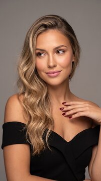 Elegant blonde woman with wavy hair wearing a black off shoulder dress looking away in a studio portrait against a neutral grey background setting