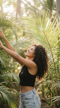 Young woman with curly hair reaching towards sunlight amidst lush palm leaves in a tropical setting reflecting joy and freedom in nature surroundings