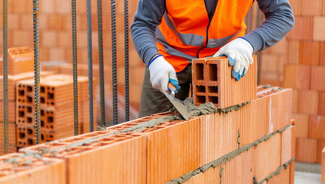 Construction worker laying red hollow bricks with mortar and trowel bricklayer construction