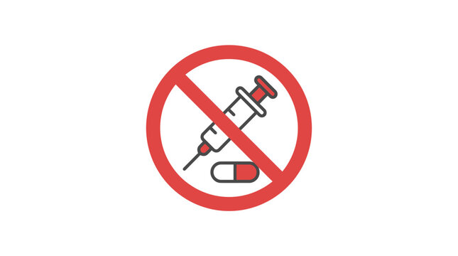 No Drugs Icon: Syringe and Pill Crossed Out in Red Prohibition Sign