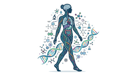 Fototapeta premium Human Anatomy, DNA Helix, and Scientific Molecules Illustration