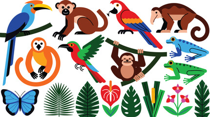 Tropical Jungle Animals and Wildlife Flat Icon Vector Set with Monkeys Parrot Sloth Tree Frogs Butterfly and Exotic Forest Botanical Leaves © MSTFarjana