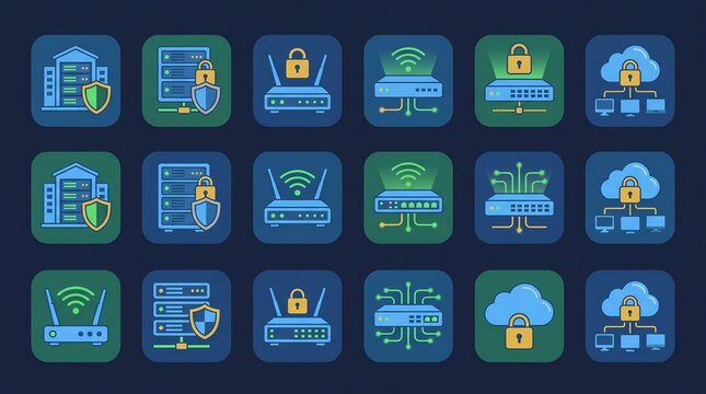 Network Security Infrastructure Icon Pack with Secure Servers Protected Routers Cloud Security and Firewall Systems