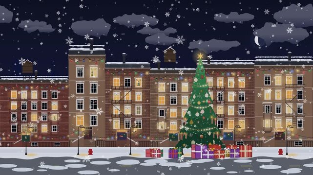 Loopable Christmas scene, animated Brooklyn style city street glows with festive Xmas decorations and a grand tree under a snowy night