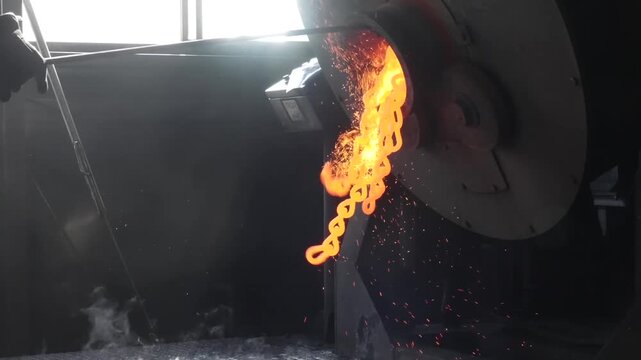 Wire mesh basket loaded with metal parts is emptied by a worker into a factory container
