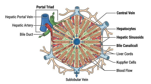 Liver Lobule Anatomy Diagram: Hepatocytes, Sinusoids, Portal Triad