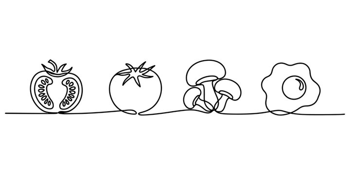 Continuous single line drawing of tomato slice whole tomato mushroom and fried egg breakfast food