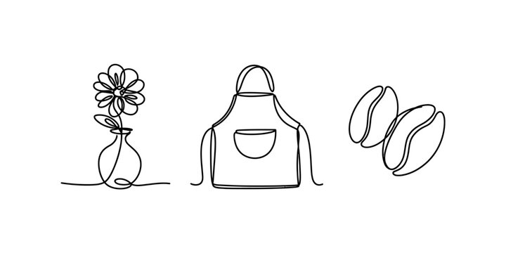 Minimalist continuous line art drawing of a flower in a vase an apron and coffee beans