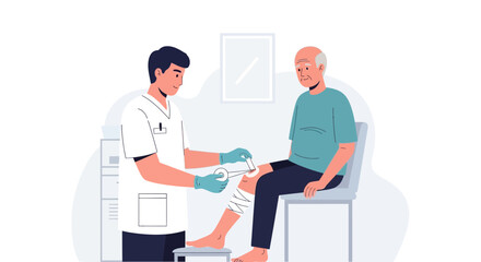 Fototapeta premium Nurse applying bandage to senior man's knee, medical care illustration
