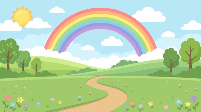 Cute Rainbow Landscape with Green Hills, Trees, Flowers, Clouds and Sunny Blue Sky Cartoon Background