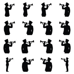 Silhouette icons of soldiers playing trumpets with musician silhouette military instrument ceremony performance collection isolated illustration creative celebration patriotic activity © Suriya