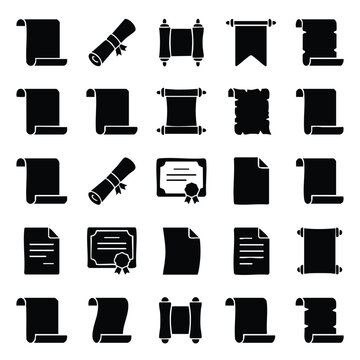 Set of black document and parchment scroll icons with parchment document certificate silhouette collection education official template stationary minimalist interface branding identity
