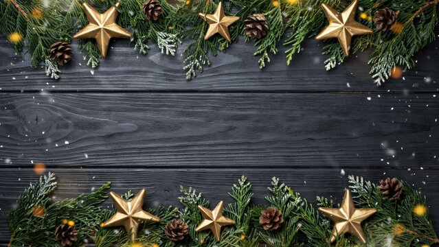 Christmas border with golden stars and pine cones on dark wood planks
