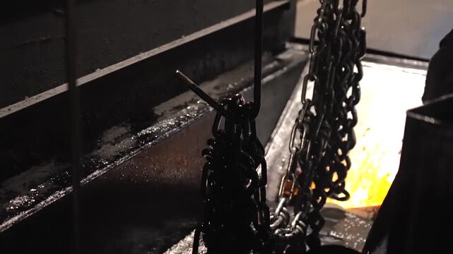 Two factory workers examine a heap of finished chain links on a dark workbench surface