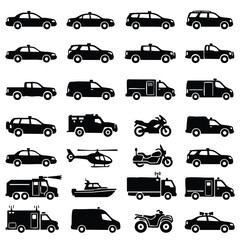 Set of emergency vehicle silhouettes including police cars ambulance and rescue transport with emergency ambulance helicopter motorcycle transport silhouette security response transportatio © Suriya
