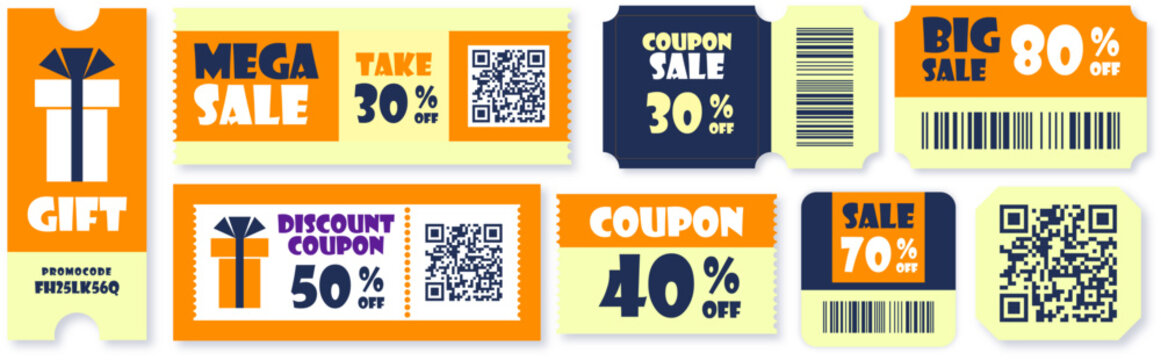 A collection of orange, blue, and cream retail promotional vouchers, gift certificates, and discount coupons with barcodes and QR codes.