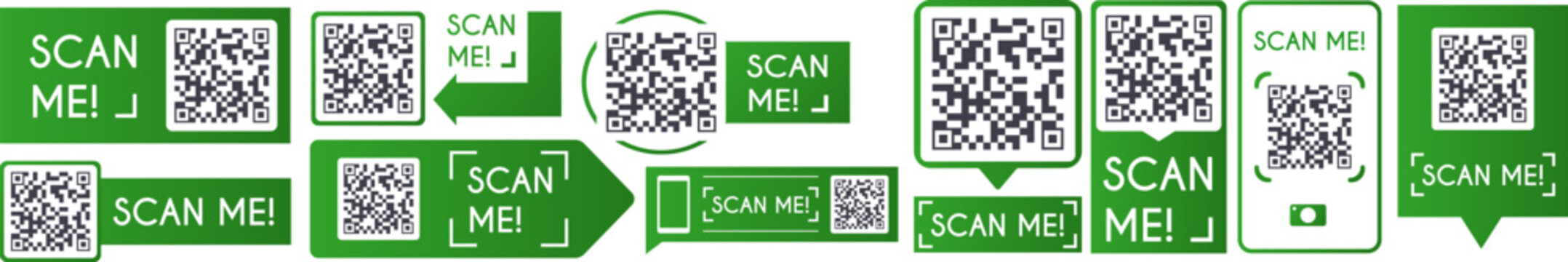 A collection of green and white QR code labels and call-to-action stickers featuring various clean frames and layout designs.