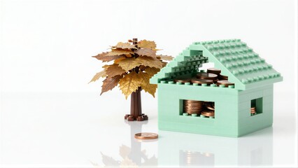 Fototapeta premium House built with LEGO bricks filled with coins, beside a tree made of gold leaves.