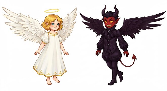 Angel and Devil Duo: A sweet, innocent angel with a halo and feathered wings stands beside a mischievous devil with horns and dark wings, representing the eternal duality of good and evil.