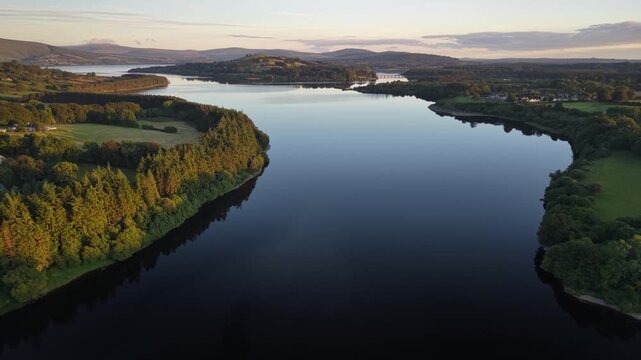 Blessington Lakes aerial wide landscape panorama. Co. Wicklow, Ireland, Golden hour.