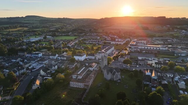 Vibrant sunset sun over Blessington town aerial cityscape. Co. Wicklow, Ireland
