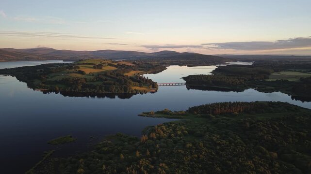 Blessington Lakes aerial wide panorama. Landscape with lakes, Co. Wicklow, Ireland
