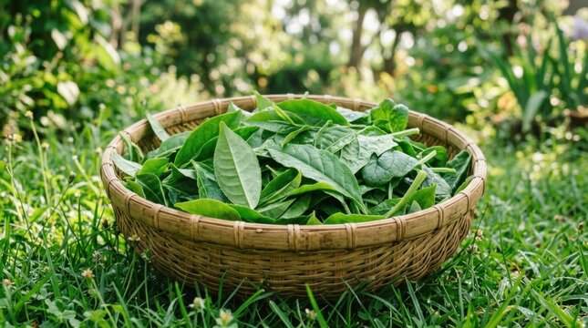 Bamboo Basket Filled with Fresh Green Leaves in Serene Garden Setting