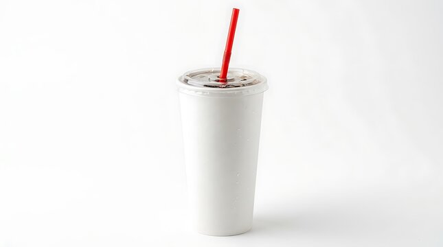 Large white paper cup with a plastic lid and a red straw for cold soda or iced coffee drinks. fountain soda cup