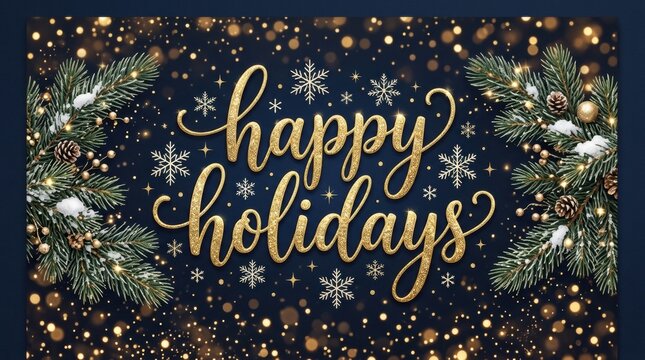 Elegant Gold Script Happy Holidays with Snowflakes on Dark Blue Gradient Background in over