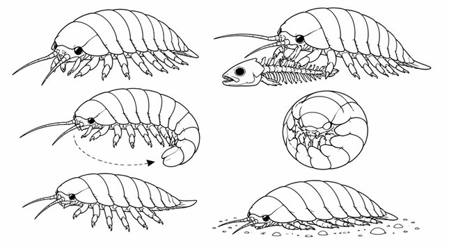 Isopod Crustacean Behavior Sketches Showing Scavenging and Locomotion