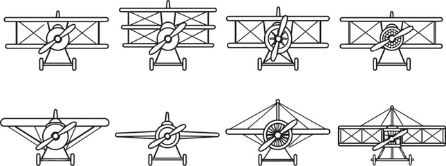 Collection of vintage airplane icons in front view line art © Ukilats
