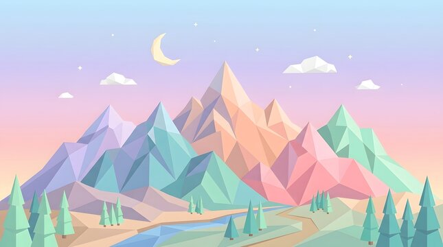 Serene low poly mountain landscape with geometric peaks and pastel sky at dusk featuring pine trees and moon