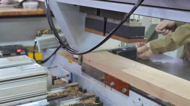 Pneumatic clamp press applies steady pressure to a wooden board edge during furniture assembly