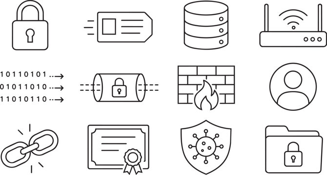 Cyber security and data protection thin line icon set
