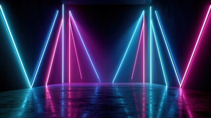 Fototapeta premium 3d technology abstract neon light background, empty space scene, spotlight, dark night, virtual reality, cyber futuristic sci-fi background, street floor studio for mock up. colored geometric