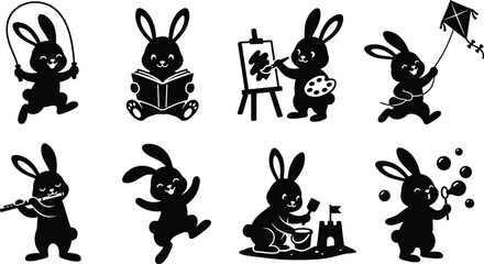 Cute Bunny Activity Silhouette Collection Featuring Playful Rabbit Hobbies and Children's Vector Illustrations © SHAMIM