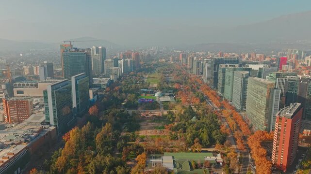 Araucano Park in the fall, Las Condes, Santiago, Chile, on a cloudy day, Aerial view