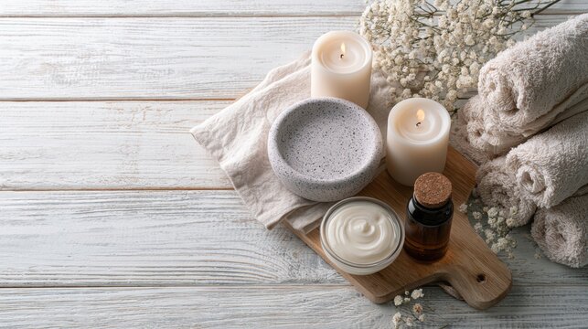 Beautiful spa treatment composition such as Towels, candles, essential oils, Massage Stones on light wooden background. blur living room, natural creams and moisturizing Healthy lifestyle, body care