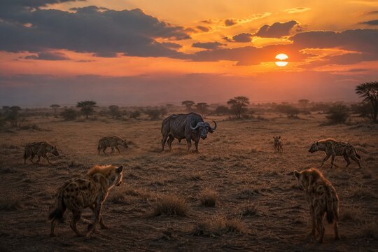 Hyenas circling a solitary buffalo on the African savanna at dusk.