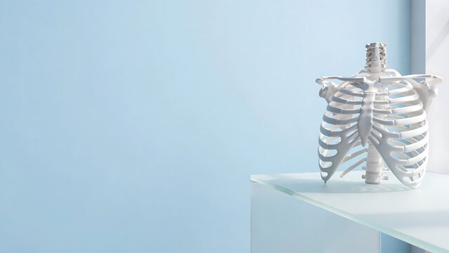 White Human Rib Cage Anatomical Model on Glass Shelf with Light Blue Background
