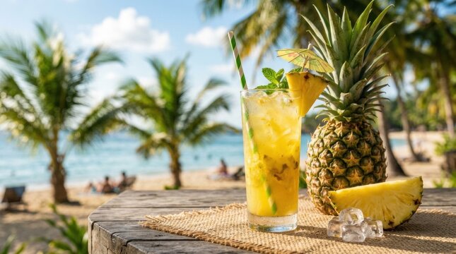 Refreshing pina colada cocktail on pineapple background with copy space, ideal for genuine a backdrop