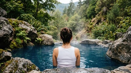 Fototapeta premium Serene young woman in white tank top sitting blue hot spring