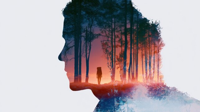 Double exposure photography of close up traveller and the tranquil forest, nature, adventure, forest, man, hiking, backpack, young, lifestyle, tourist, outdoors