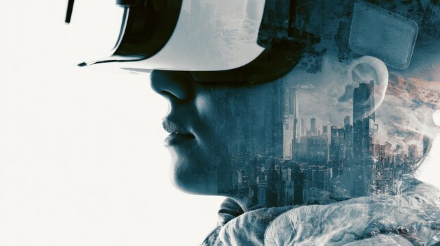 Double exposure photography of close up VR gamer and the beautiful sci-fi city, technology, headset, virtual, device, future, futuristic, modern, digital